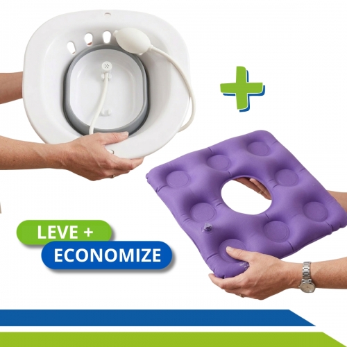 Kit Cuidados Hemorroida - Bacia Bidê Portátil para Banho de Assento Retrátil + Almofada com Orifício