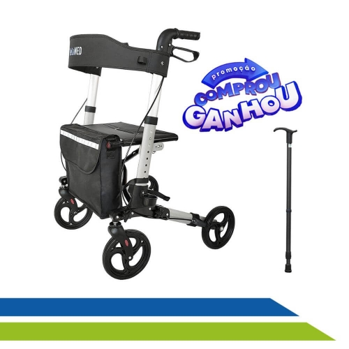 Andador Adulto Idoso em Alumínio Dobrável 4 Rodas com Assento e Bolsa D14